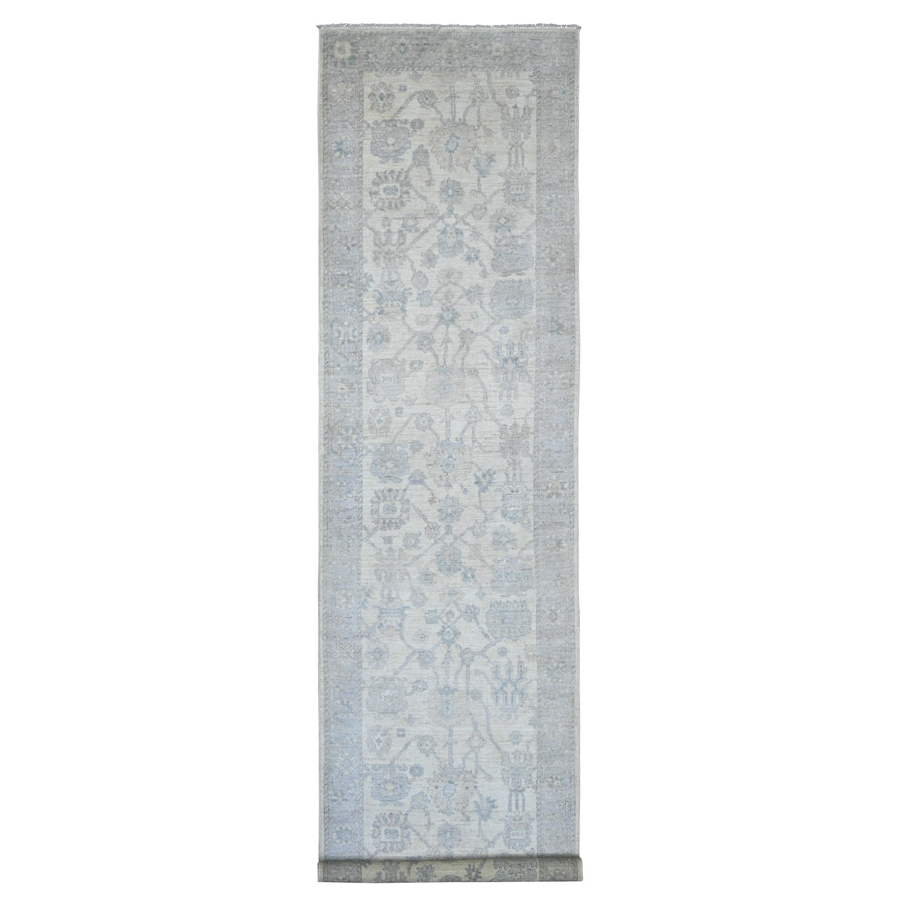 3'10"x15'7" Pearl White, Afghan Angora Oushak with All Over Leaf Design, Hand Knotted, 100% Wool, Vegetable Dyes, XL Runner, Oriental Rug 
